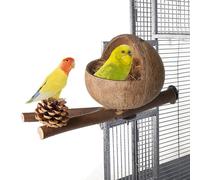 Wisylizv Abri de nids pour en coquille de noix de coco naturelle - Cabane pour perroquets et pinsons avec perchoir et lambeaux de noix de coco | pour cage durable et résistante à la mastication,