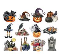 Wisylizv Lot de 12 décorations d'arbre d'halloween - Ornements Suspendus en Bois - Pendentifs sorcière fantôme et Chat Noir - Mini Ornements d'halloween en Bois pour la décoration de la