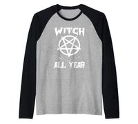 Witch All Year Witches Pagan Wicca Symbols Crystal Halloween Manche Raglan