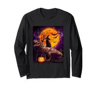 Witch Black Cat Ridding Dinosaur Moon Pumpkin Halloween Manche Longue