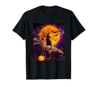 Witch Black Cat Ridding Dinosaur Moon Pumpkin Halloween T-Shirt