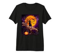 Witch Black Cat Ridding Dinosaur Moon Pumpkin Halloween T-Shirt Haut de Gamme