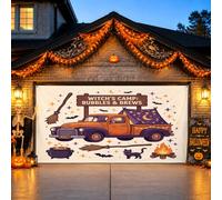 Witch Camp Housse de porte de garage avec citation de camion Halloween 397 | Thème sorcière, toile de fond de porte de garage, camion vintage, illustration de chat, décoration saisonnière extérieure