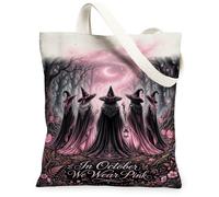 Witch Coven Sac fourre-tout en toile avec citation d'octobre 33 x 38,1 cm | Croissant de lune, forêt enchantée, art fantastique fantaisie, thème d'automne saisonnier, style gothique élégant