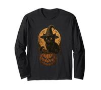 Witch Hat Pumpkin Moon Scary Halloween Black Cat Manche Longue
