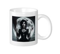 Witch Lot de 1 tasse imprimée Belle femme chauve-souris lune balai esthétique bague boucles d'oreilles collier blanc noir céramique poids léger collection salon laboratoire extérieur bureau tasses