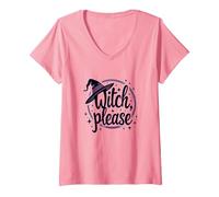 Witch Please: Magical Halloween Graphic, T-Shirt avec Col en V, Femme, Rose, L