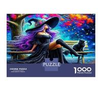 Witch, Puzzle de Casse-tête Classique en Carton, sorcière et Chat sur Le Banc avec Fleurs, adapté aux débutants, Stimulant pour l'esprit, 38x26cm/1000pcs