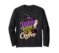 Witch Way to The Coffee Funny Witchy Halloween Typographie Manche Longue