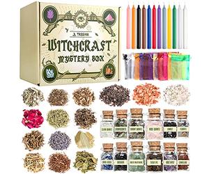 Witchcraft Starter Kit, Witchcraft Supplies for Wiccan Altar- 63 Pack de cristaux herbes séchées, bougies magiques colorées, sacs à charme et sorcières rituelles sel pour sorts, bébés sorcières