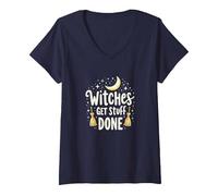 Witches Get Stuff Done Motivation Magique au Clair de Lune T-Shirt avec Col en V, Femme, Bleu Marine, M