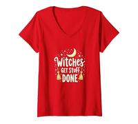 Witches Get Stuff Done Motivation Magique au Clair de Lune T-Shirt avec Col en V, Femme, Rouge, M