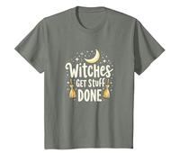 Witches Get Stuff Done Motivation Magique au Clair de Lune T-Shirt, Enfant, Vert Kaki chiné, 4 Ans