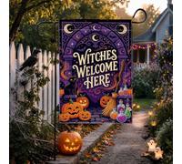 Witches Welcome Drapeau de jardin chat citation Halloween 30,5 x 45,7 cm | Arche gothique, drapeau de cour, bâton à balai fantaisie, lanternes jack-o'-lanternes, bouteilles de potion magiques