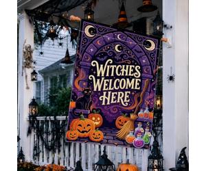 Witches Welcome Halloween Citation Drapeau Maison Chat 71,1 x 101,6 cm | Arche gothique, drapeau de cour, bâton à balai fantaisie, lanternes jack-o'-lanternes, bouteilles de potion magiques