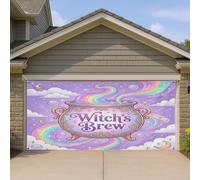 Witch's Brew Housse de porte de garage avec nuages magiques et arcs-en-ciel pour Halloween, décoration d'intérieur pour cour, extérieur, fête, toile de fond 397 x 180 cm