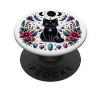 Witchy Cat Moon Black Cat Floral Halloween Cat Witch Cat Mom PopSockets PopGrip Interchangeable