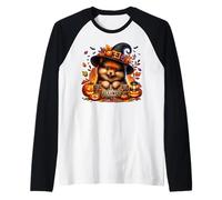 Witchy Pomeranian Puppy in Black Witch Hat Happy Halloween Manche Raglan