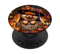 Witchy Pomeranian Puppy in Black Witch Hat Happy Halloween PopSockets PopGrip Adhésif