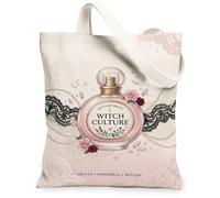 Witchy Sac fourre-tout en toile avec citation en forme de bouteille de | Accents gothiques en dentelle, décorations florales, icônes mystiques de la lune, palette pastel douce, esthétique romantique
