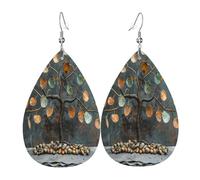 Withering trees Boucles d'oreilles en cuir en forme de larme pour femme - Boucles d'oreilles pendantes légères en PVC avec crochets en argent 925, imprimés double face | Cadeau hypoallergénique