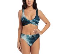Within The Tides Maillot de bain deux pièces rembourré taille haute torsadé sur le devant pour femme, Noir/blanc, S