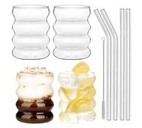 Withosent 300ml Verre a Eau Bulles avec Paille, Lot de 4 Verre Strié Vintage Style Forme de Vague, Verres Cannelés pour Jus, Soda, Smoothies, Thé, Café, Cocktails, Whisky, Yaourt