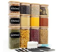 Withosent Bocaux en Verre Lot de 12, 430ml/600ml Bocal en Verre avec Couvercle en Bois, Bocaux Epices Empilables, Pot Verre Boite Rangement Cuisine pour Epices Cereali Bonbons