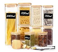 Withosent Lot de 11 Bocaux en Verre Carré, 2400ml/ 1150ml/ 700ml/ 280ml Bocal en Verre avec Couvercle en Bois, Empilable Bocaux à Epices, Boite Epices Cuisine pour Spaghetti Pâtes Céréales
