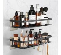 Withosent Lot de 2 étagères de douche autocollantes en aluminium - Sans perçage - Avec 4 crochets - Noir - Pour salle de bain ou cuisine - 31,5 cm