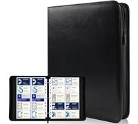 WITHYU Classeur à Cartes de Visite avec Fermeture Éclair - Système Anneaux A4, 30 Pages Recto-Verso pour 600 Cartes, Rangement Latéral, PU Cuir Premium (Noir)