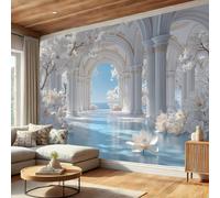 WIVCOMD Architecture Romantique 3D Papier Peint Panoramique, Arche Magnolia Papier peint panoramique soie Bleu Glacier pour Chambre Salon Salle des enfants Décoration Murale - 300 x 210 cm