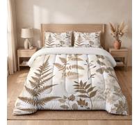 WIVCOMD Couette 4 Saisons 264X240 Cm, Edredon Legere pour 4 Saisons Plantes Simples, Couette sans Housse Confortable Feuilles Fougère Parure De Lit Réversible Et 2 Taies d'oreiller, Brun Clair