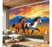 WIVCOMD La Nature Sauvage L'Ouest Papier Peint Panoramique Soie, Cheval Au Coucher Du Soleil Mural Pour Salon Chambre D'Enfant, Chambre Salle De Jeux Décoration Poster Papier Peint - 300 X 210 Cm