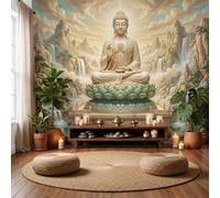 WIVCOMD Paysages Rêve Papier Peint Mural Salon, Statues Bouddha Montagnes Nuages Et Brume Papier Peint Panoramique Soie Moderne, Décoration Murale Poster Tableaux Muraux Or Pâle - 350 X 256 Cm
