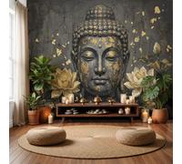WIVCOMD Style Sombre Papier Peint Panoramique, Tête Bouddha Lotus Points D'Or Poster Mural, Noir Carbone Photo Peinture Murale Pour Salle Des Enfants Salon Chambre Toile Fond Tv - 200 X 140 Cm