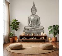 WIVCOMD Style Zen Papier Peint Panoramique, Statues Bouddha Et Oiseaux En Vol Décoration Murale Moderne - 400 X 280 Cm Tapisserie Décorative Pour Chambre Salon Facile D’Entretien - Gris Clair