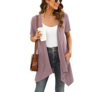 Wiwclo Cardigan d'été léger à manches courtes pour femme, drapé décontracté, ouvert sur le devant, avec poche, ourlet haut et bas, A23-mauve-manches courtes, XL
