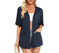 Wiwclo Cardigans à manches courtes pour femme - Cardigan d'été léger - Kimono décontracté - Couverture ample - Ourlet incurvé avec poches, A03-Navy_Blue, L