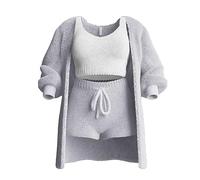WIWIDANG The Cozy Knit Set de 3 pièces avec haut court, short et manteau long, gris, S