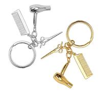 Wixine Lot de 2 porte-clés créatifs pour coiffeur, sèche-cheveux, ciseaux et peignes, bijoux cadeaux, Blanc/doré, Small