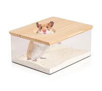 WIYETY Bain de sable pour hamster en acrylique pour animaux de compagnie : boîte de bain pour hamster, accessoire de salle de douche pour hamster avec demi-couverture en bois massif, toilettes pour