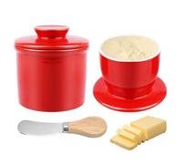 WIYETY Beurrier français avec couteau à fromage : récipient à beurre rond avec couvercle, en porcelaine, beurrier en porcelaine, pour conserver le beurre frais prêt à être consommé, rouge
