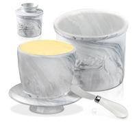 WIYETY Beurrier français, en céramique, refroidi à l'eau, avec ligne d'eau, cloche à beurre avec couvercle pour beurre frais et tartinable (couleur marbre)