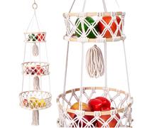 WIYETY Corbeille à fruits suspendue tressée à 3 étages - Panier à fruits suspendu tissé à la main - Panier mural tressé à la main - Panier mural bohème pour légumes et fruits