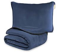 WIYETY Couverture de voyage avion - Coussin transformable 2 en 1 - Couverture d'avion portable avec fixation de valise - Pour bureau, voyage d'affaires, voyage, ultra légère et chaude - Bleu marine