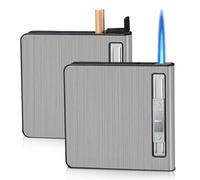 WIYETY Étui à cigarettes avec briquet : 2 pièces en aluminium boîte à cigarettes coupe-vent, briquet à gaz briquet tempête peut 20 fûts, chargement USB (argenté, vendu sans gaz)