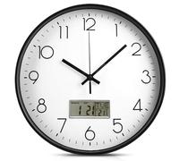 WIYETY Horloge murale blanche avec affichage de la température : 30 cm - Horloge murale silencieuse avec calendrier numérique et thermomètre - Horloge à quartz analogique argentée - Horloge murale