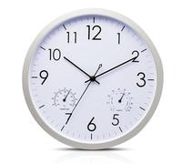 WIYETY Horloge murale ronde à quartz : horloge murale de 30 cm avec thermomètre et hygromètre, cadre en acier inoxydable, horloge murale à piles pour cuisine, salon, chambre à coucher, bureau (sans