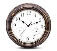WIYETY Horloge murale silencieuse de 30 cm avec thermomètre et hygromètre - Horloge de jardin rétro résistante aux intempéries - Étanche - Pour cuisine, salle de bain, véranda (marron, plastique)